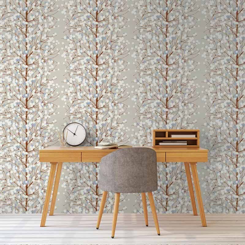 Marimekko Lumimarja Taupe and Cornflower Wallpaper 40% Off | Samples